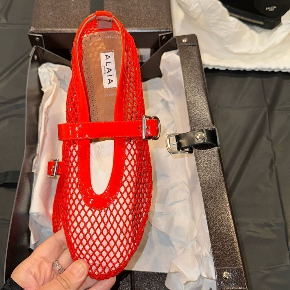 Alaïa mesh fishnet orange sanguine red flats